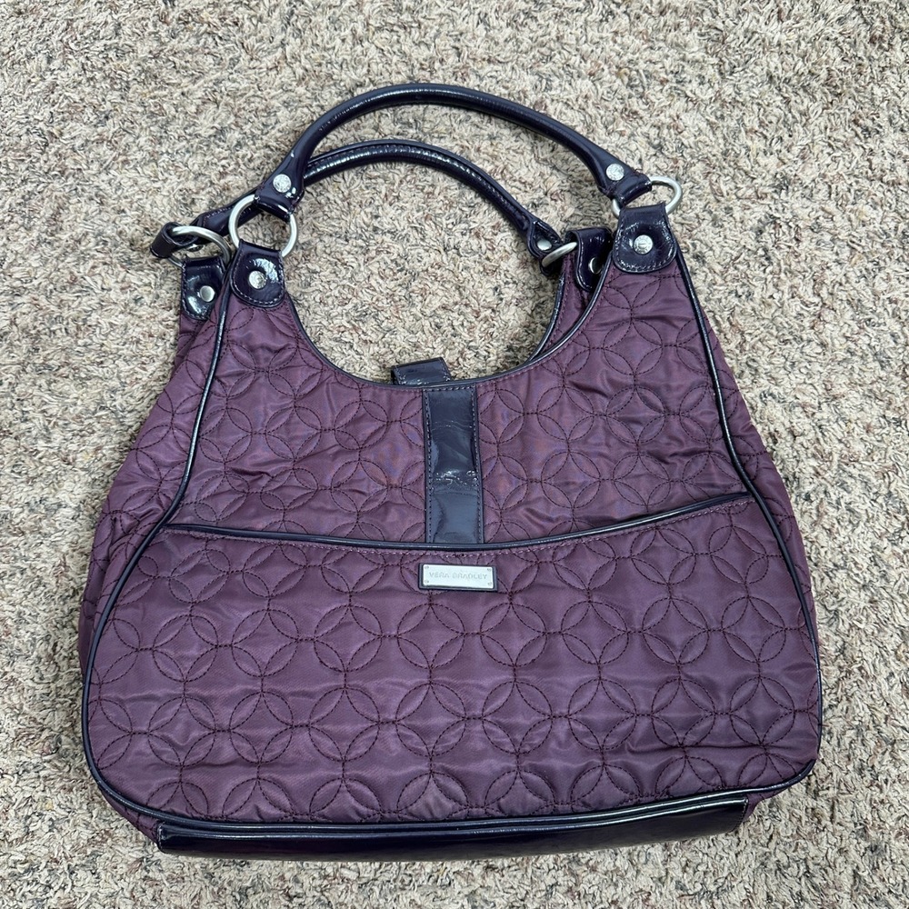 Vera Bradley Plum Purple Quilted Microfiber Hobo Bag Patent Trim Shoulder Purse